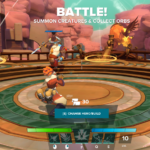 Gameplay scene from Gigantic: Rampage Edition featuring characters in battle, action prompts, and a colorful arena.