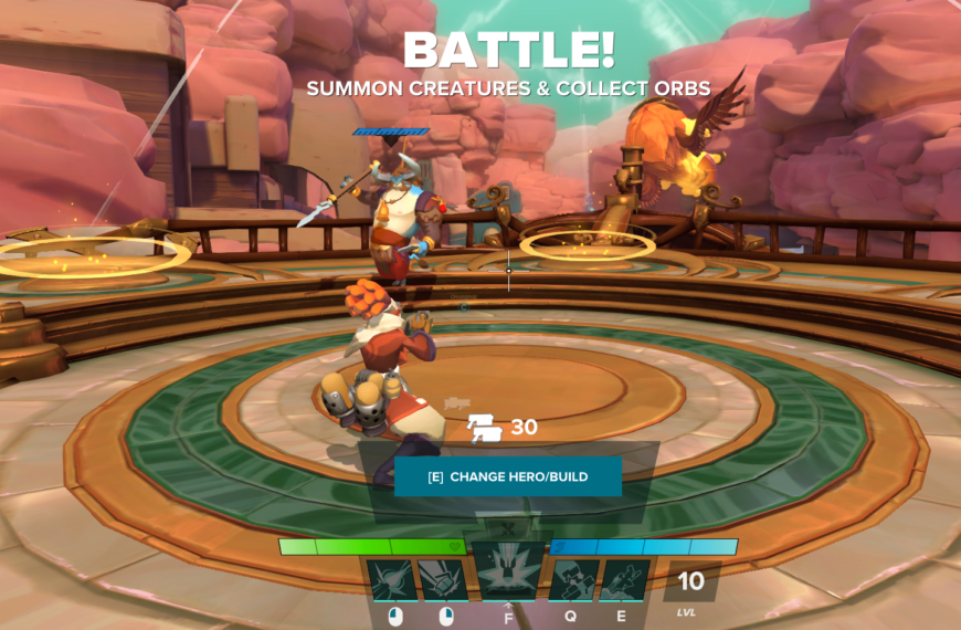 Gameplay scene from Gigantic: Rampage Edition featuring characters in battle, action prompts, and a colorful arena.