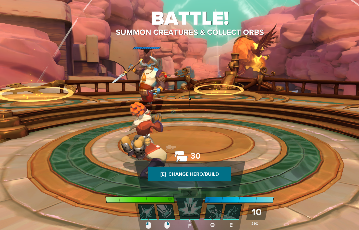 Gameplay scene from Gigantic: Rampage Edition featuring characters in battle, action prompts, and a colorful arena.