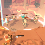 A character in a desert landscape aiming at a target surrounded by robotic figures, with UI prompts displayed on the screen.
