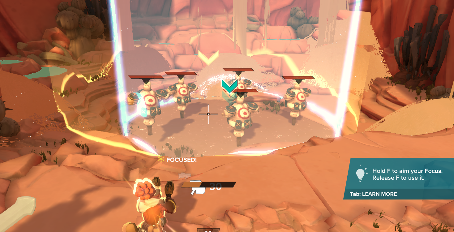 A character in a desert landscape aiming at a target surrounded by robotic figures, with UI prompts displayed on the screen.