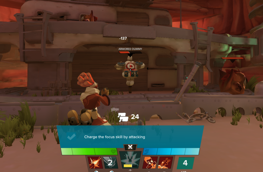 A character in a video game is attacking a training dummy, with gameplay interface elements visible at the bottom of the screen.