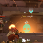 A player character shoots at a target with a skull icon, receiving experience points, in a video game setting.