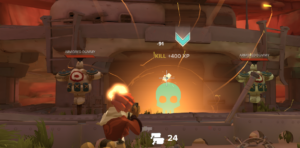 A player character shoots at a target with a skull icon, receiving experience points, in a video game setting.