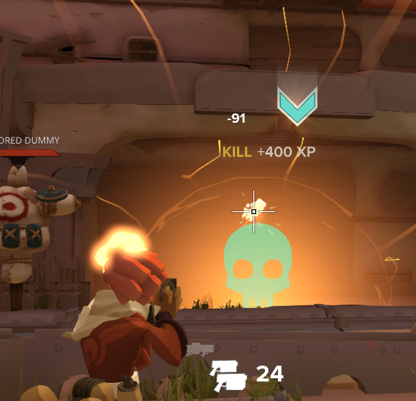 A player character shoots at a target with a skull icon, receiving experience points, in a video game setting.