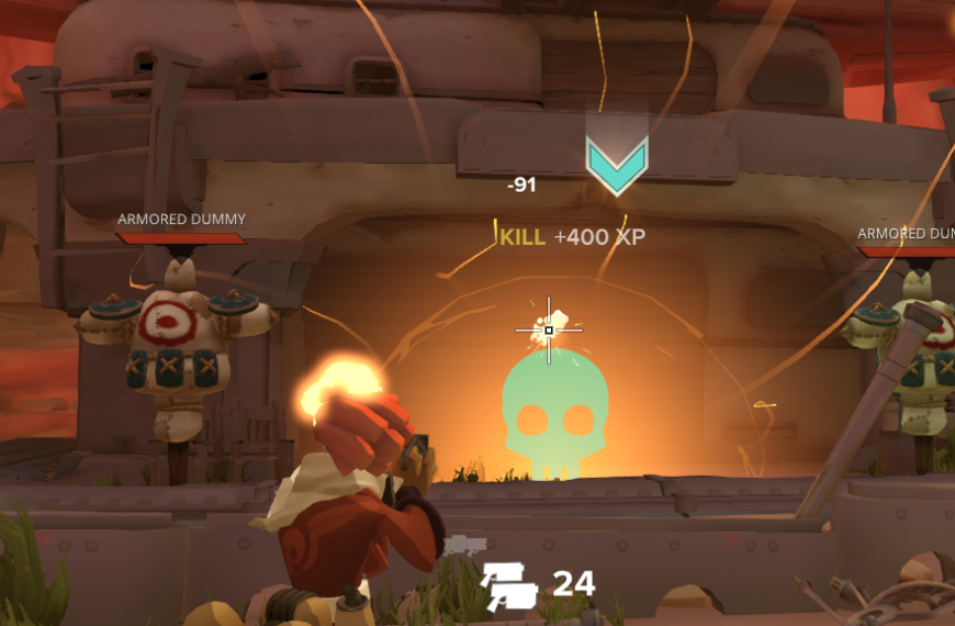 A player character shoots at a target with a skull icon, receiving experience points, in a video game setting.