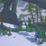 A snowy landscape with trees and rocks, featuring a character in blue ski gear.