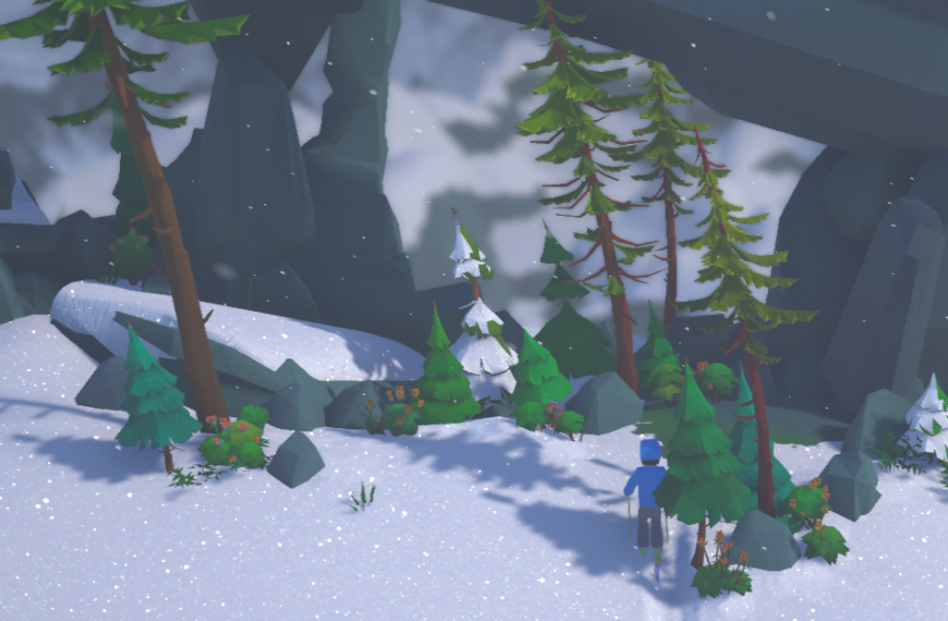 A snowy landscape with trees and rocks, featuring a character in blue ski gear.