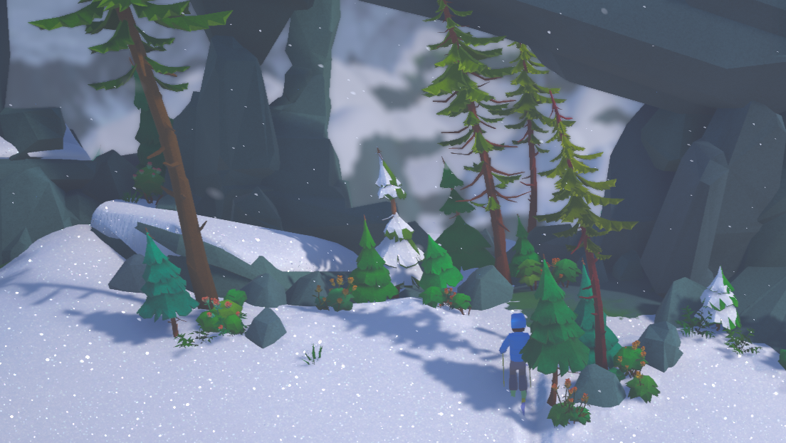 A snowy landscape with trees and rocks, featuring a character in blue ski gear.