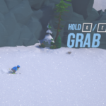 A character skiing downhill in a snowy landscape with on-screen instruction to "HOLD Q/E IN AIR GRAB."