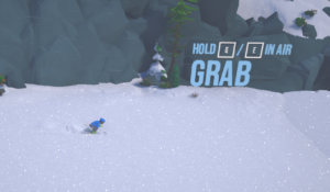 A character skiing downhill in a snowy landscape with on-screen instruction to "HOLD Q/E IN AIR GRAB."