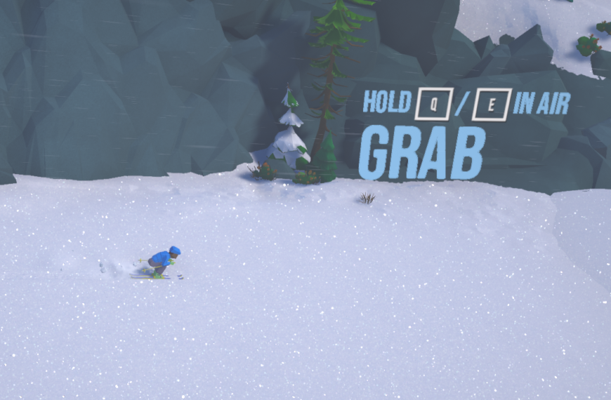 A character skiing downhill in a snowy landscape with on-screen instruction to "HOLD Q/E IN AIR GRAB."