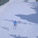 A skier navigates a snowy trail surrounded by trees, with gentle snow falling.