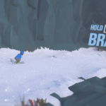 A skier in a blue jacket descends a snowy slope with a rocky wall to the side, alongside a prompt to "Hold S to Brake."