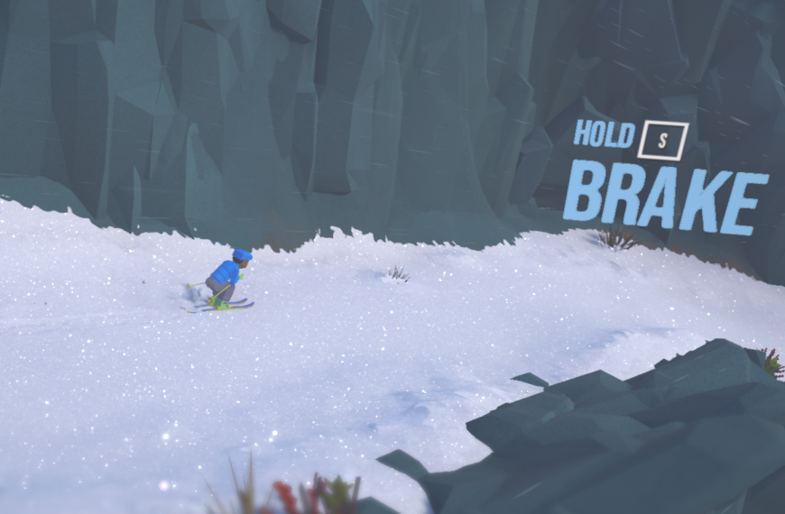 A skier in a blue jacket descends a snowy slope with a rocky wall to the side, alongside a prompt to "Hold S to Brake."