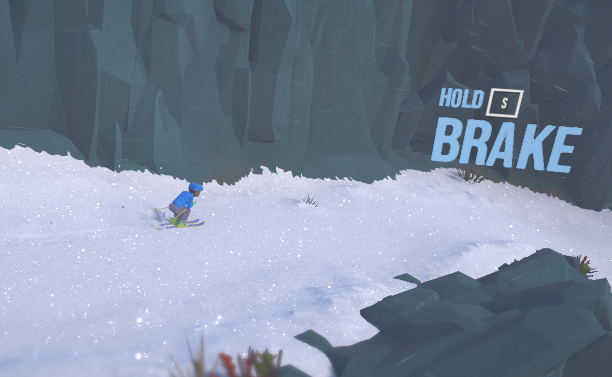 A skier in a blue jacket descends a snowy slope with a rocky wall to the side, alongside a prompt to "Hold S to Brake."