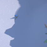 A skier descends a snowy slope beside a stylized tree, with shadows creating a dramatic landscape.