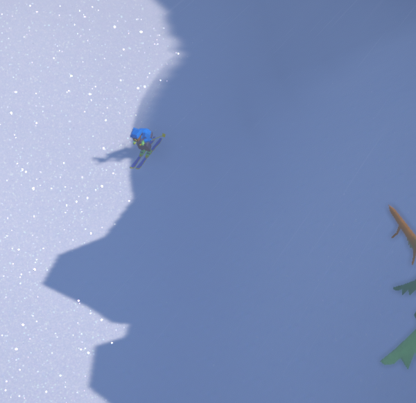A skier descends a snowy slope beside a stylized tree, with shadows creating a dramatic landscape.