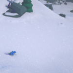 A character in blue gear skiing on a snowy landscape with scattered snowflakes.