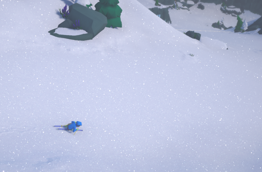 A character in blue gear skiing on a snowy landscape with scattered snowflakes.