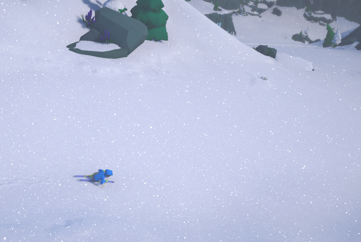 A character in blue gear skiing on a snowy landscape with scattered snowflakes.