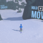A character stands on a snowy path with on-screen instructions to "Hold W to Move" and "Crouch."