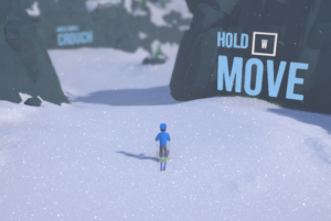 A character stands on a snowy path with on-screen instructions to "Hold W to Move" and "Crouch."