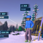 Character customization menu for the video game "Lonely Mountains: Snow Riders," showing options for body, hair, beard, skin tone, and voice over a snowy background.