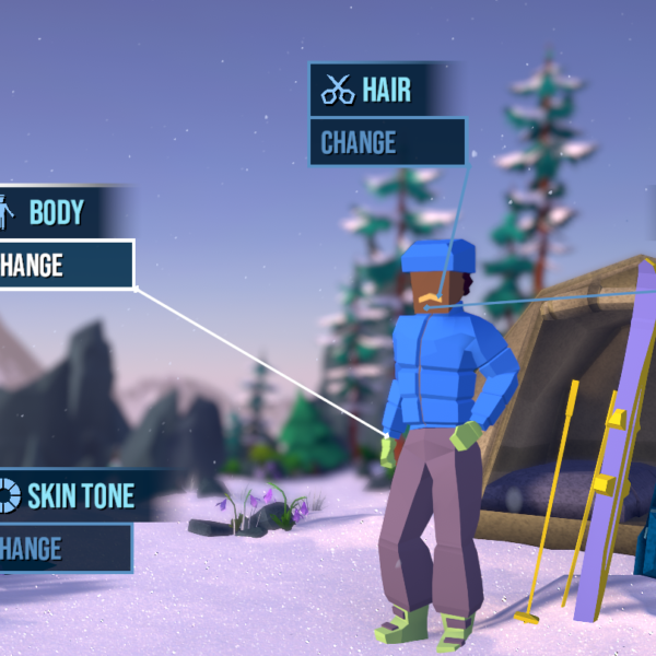 Character customization menu for the video game "Lonely Mountains: Snow Riders," showing options for body, hair, beard, skin tone, and voice over a snowy background.