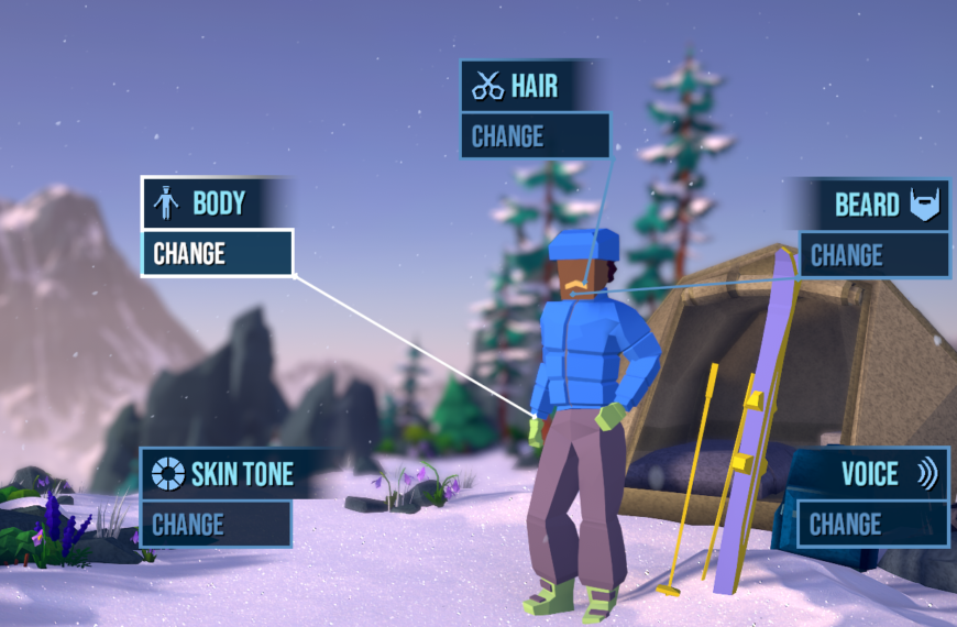 Character customization menu for the video game "Lonely Mountains: Snow Riders," showing options for body, hair, beard, skin tone, and voice over a snowy background.