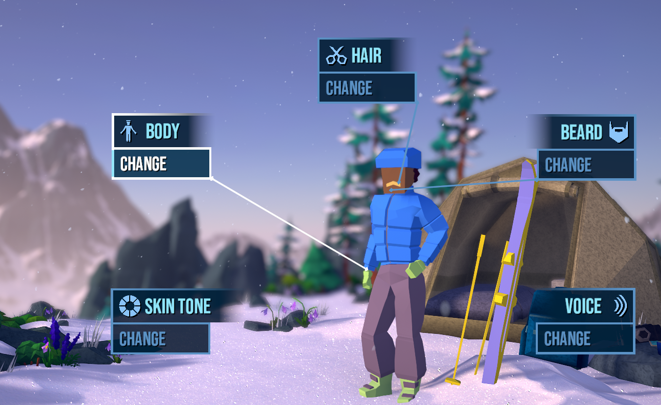 Character customization menu for the video game "Lonely Mountains: Snow Riders," showing options for body, hair, beard, skin tone, and voice over a snowy background.