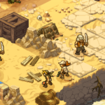 Top-down view of a sandy battlefield in Metal Slug Tactics, featuring characters with weapons and scattered objects.
