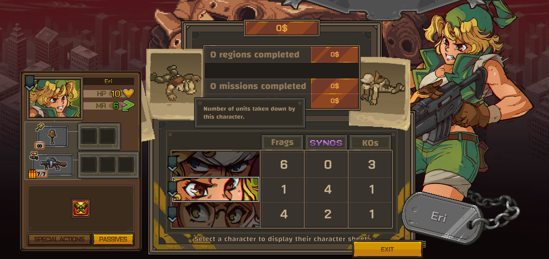 Character selection screen from Metal Slug Tactics featuring Eri, displaying stats and mission progress.