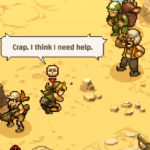 A character in Metal Slug Tactics expresses concern, saying, "Crap. I think I need help," while surrounded by other characters in a desert setting.