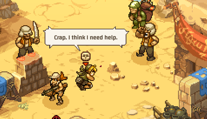 A character in Metal Slug Tactics expresses concern, saying, "Crap. I think I need help," while surrounded by other characters in a desert setting.