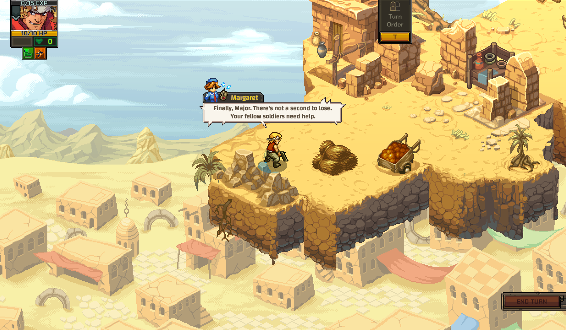 Screenshot of Metal Slug Tactics showing a character named Margaret speaking to a soldier against a desert backdrop.