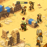 Turn-based tactical battle scene in a desert setting from Metal Slug Tactics, featuring multiple characters and obstacles.