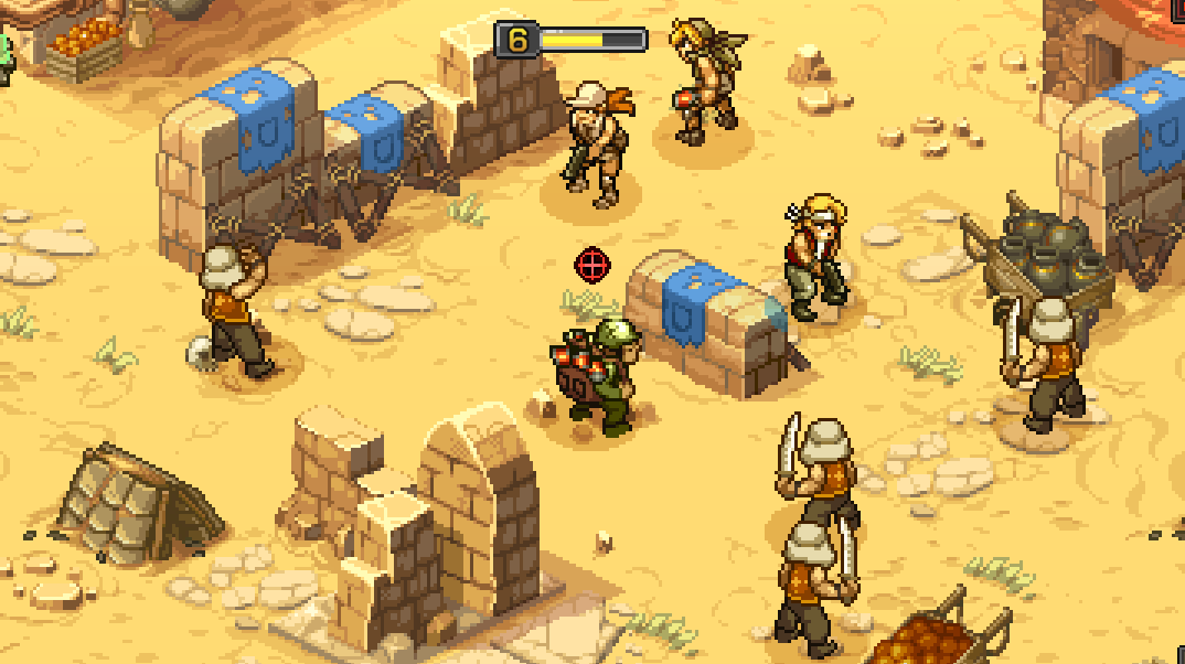 Turn-based tactical battle scene in a desert setting from Metal Slug Tactics, featuring multiple characters and obstacles.