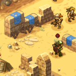 Two groups of soldiers are engaged in a tactical battle in a desert environment, featuring a tank and various cover structures.
