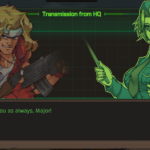 A male character with a weapon and a female character in military attire communicate in a video game interface.