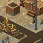 Screenshot of the game Metal Slug Tactics featuring characters in a small vehicle on a deserted street with construction barriers.