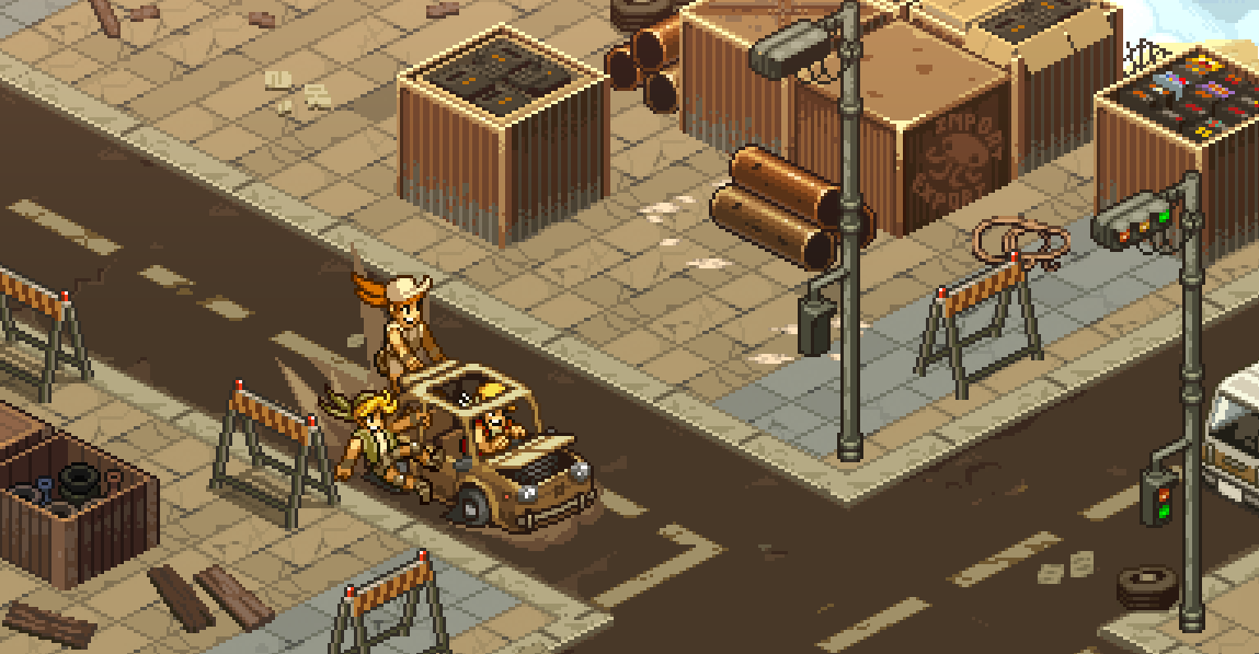 Screenshot of the game Metal Slug Tactics featuring characters in a small vehicle on a deserted street with construction barriers.