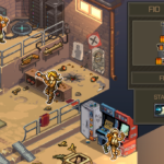 Gameplay scene from Metal Slug Tactics featuring two characters and a weapons menu.