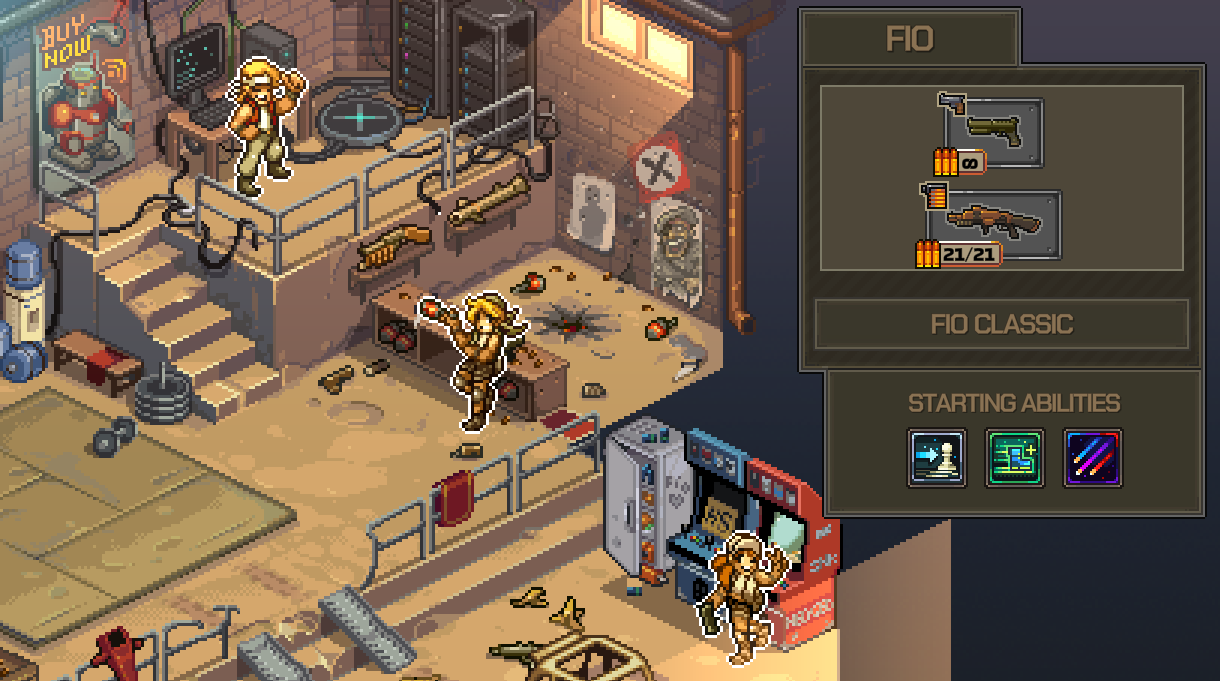 Gameplay scene from Metal Slug Tactics featuring two characters and a weapons menu.