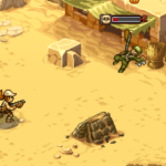 A pixelated desert scene from *Metal Slug Tactics*, featuring a character with a rifle and an enemy soldier.