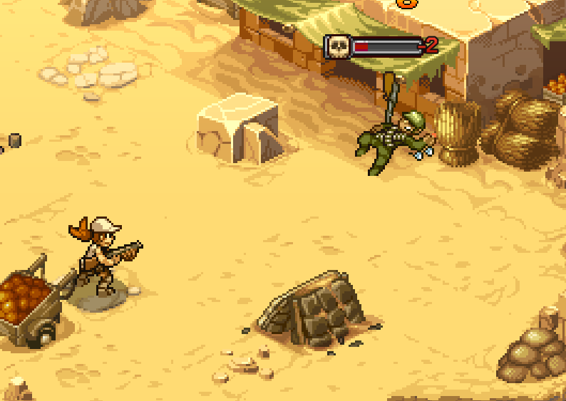 A pixelated desert scene from *Metal Slug Tactics*, featuring a character with a rifle and an enemy soldier.