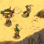 Two soldiers face off in a desert environment, one displaying health stats above their head.