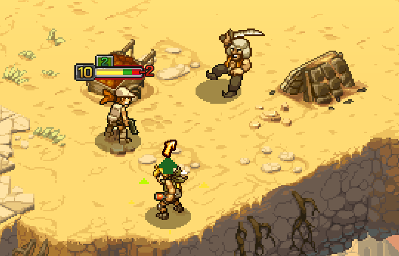 Two soldiers face off in a desert environment, one displaying health stats above their head.