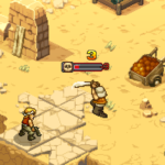 Turn-based combat scene from Metal Slug Tactics with characters and enemies on a sandy terrain, displaying health indicators and a cart of supplies.