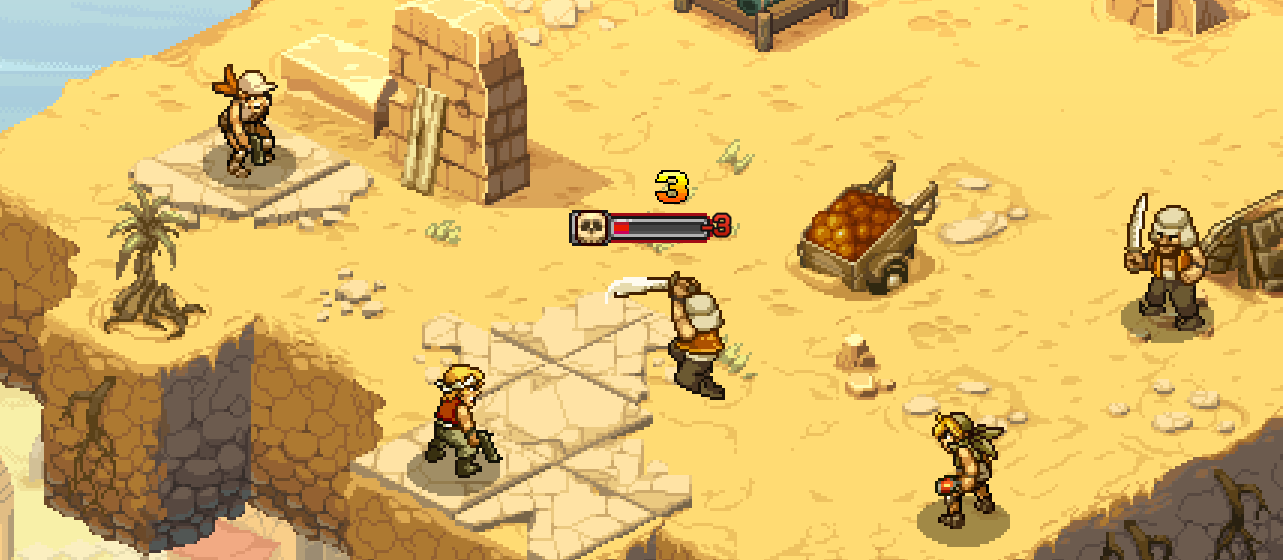 Turn-based combat scene from Metal Slug Tactics with characters and enemies on a sandy terrain, displaying health indicators and a cart of supplies.